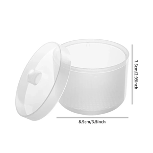Clear acrylic nail tool sterilizer jar with handle showing 8.9cm diameter size dimensions