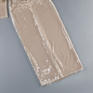Detailed close-up of champagne striped mesh fabric with shimmering white sequins
