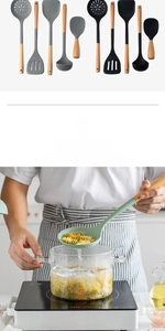 Silicone cooking utensils with wooden handles in multiple colors for kitchen use