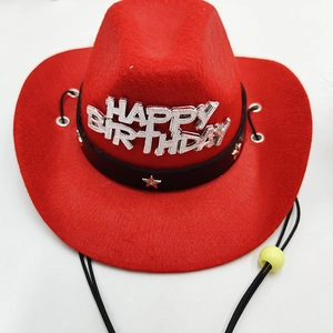 Close-up of a red pet cowboy birthday hat with silver Happy Birthday lettering