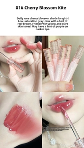 Detailed swatch of watery mirror lip glaze in 01 Cherry Blossom Kite shade