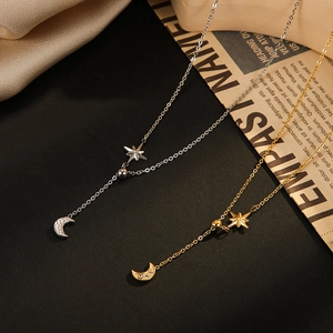 Star Moon Pendant Necklace 14K Gold Plated Stainless Steel Rhinestone Y-Shaped Long Chain Elegant Jewelry For Women