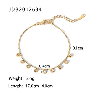 Detailed specs of gold beaded chain bracelet with round cubic zirconia and dimensions