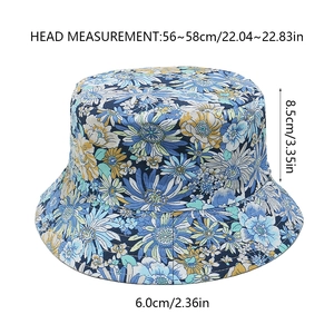 Detailed dimensions of a sunflower bucket hat with a floral pattern and measurements