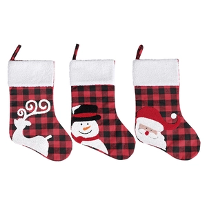 Set of 3 buffalo plaid Christmas stockings with reindeer, snowman, and Santa appliques