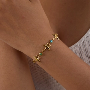 18K gold plated starfish bracelet with blue and green cubic zirconia for women