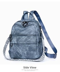 Dettaglio dello zaino blu vintage con tracolla geometrica e anelli metallici in stile retrò
