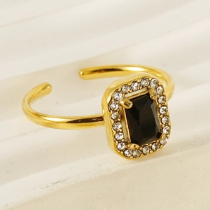 Gold plated stainless steel adjustable ring featuring black rectangular stone with halo