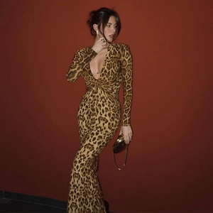 Vestito Maxi Sexy Da Donna Stampa Leopardata Scollo A V Profondo Maniche Lunghe Aderente Elegante Poliestere Elastan