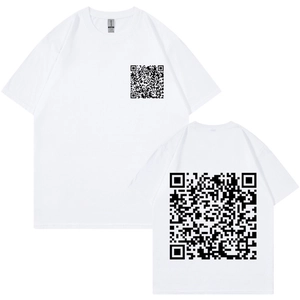 Detailed flat lay of white T-shirt featuring minimalist QR code prints on front and back