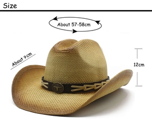 Detailed size specifications for wide brim straw cowboy hat with bull head emblem