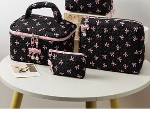 Close-up of quilted black fabric with pink bow patterns and a pearl zipper pull detail