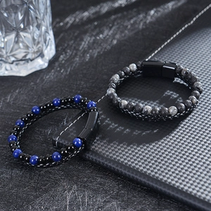 Men's double-layered leather bracelet with tiger eye beads and black magnetic clasp
