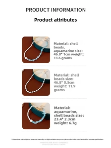 Detailed size and weight specs for aquamarine and shell bead necklace and bracelet set