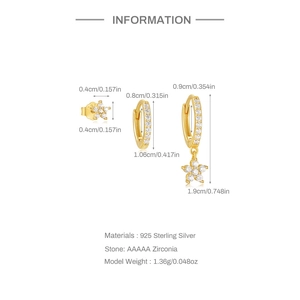 Detailed dimension guide for S925 sterling silver star earring set with AAAAA zirconia
