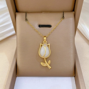 Tulip Flower Pendant Necklace Stainless Steel Titanium Chain Gold Plated Elegant Vintage Jewelry For Women