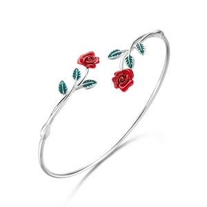 Silver-plated open bangle featuring vibrant red enamel roses and green leaf details