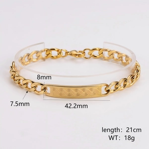 Gold stainless steel Cuban curb chain bracelet with wavy curved bar 21cm length
