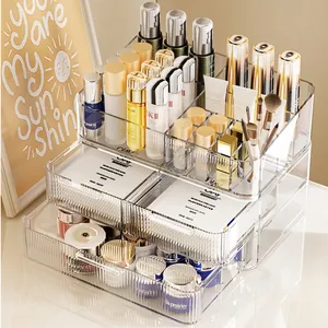 Clear acrylic makeup organizer with multi-layer drawers and top compartments for skincare