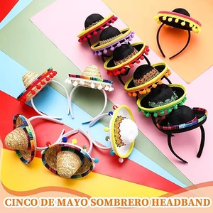 Set of 9 colorful Cinco De Mayo Mexican sombrero headbands with festive pom-poms