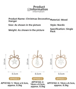 Size details of wooden star, tree and snowflake ornaments with dimensions 10x8.5cm