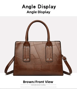 Detail of brown faux leather handbag with geometric patchwork and silver metal hardware