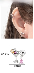 Detail of colorful fruit cup stud earrings with zircon drops and size measurements