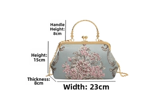 Detailed size guide of Chinese style floral embroidery bag with dimensions and gold chain