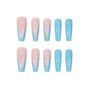 Long ballerina press-on nails with sky blue French tips and white daisy floral patterns