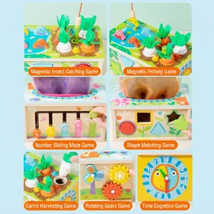 Educational wooden activity cube with magnetic fishing and shape sorting games for toddlers
