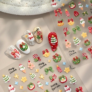 3D Christmas embossed nail stickers featuring snowman, tree and festive bow patterns