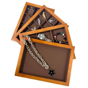 Set of 3 walnut wood jewelry display trays for necklaces, rings and luxury watches