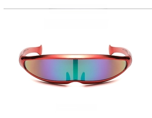 Front view of futuristic Y2K cycling sunglasses with iridescent purple green shield lens