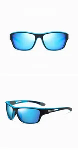 Close-up of polarized cycling sunglasses with black and blue frames and blue lenses