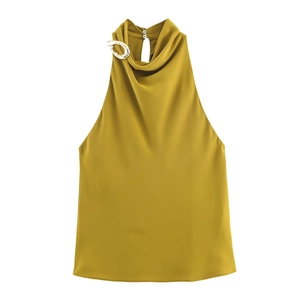 Women Satin Halter Top Sleeveless Metal Ring Decoration Back Hollow Out Elegant Solid Color Fashion Blouse
