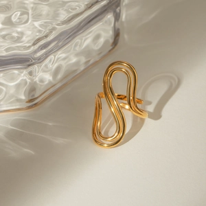 Adjustable 18k gold plated stainless steel double layer wave ring with elegant light shadows