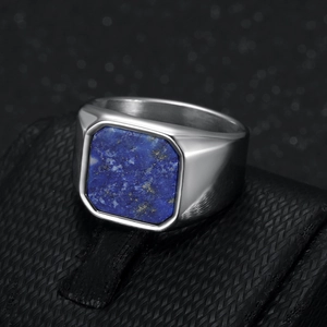 Vintage stainless steel ring for men featuring a square blue lapis lazuli stone inlay