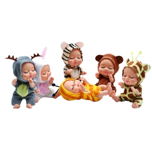 Set of six sleeping baby dolls in animal outfits like reindeer, tiger, and giraffe