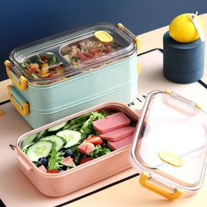Detail of dual-layer stainless steel lunch box with airtight lids and secure latches