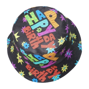Black bucket hat with colorful Happy Birthday pop art print for summer parties
