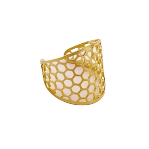 Gold honeycomb open wide ring with minimalist hollow geometric patterns on white background