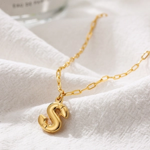 3D bubble letter S pendant necklace with golden paperclip chain for women jewelry