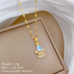 Detail view of gold angel necklace with opal stone and dimensions in a beige jewelry box