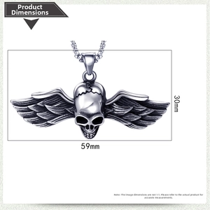 Detailed size chart showing a 59mm by 30mm winged skull pendant made of vintage steel