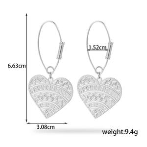 French vintage silver stainless steel heart earrings with hollow geometric patterns