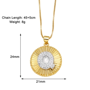 Detailed view of gold plated necklace with letter Q pendant and size specifications