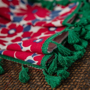 Christmas floral cotton linen curtain with green tassels and red flower print for windows