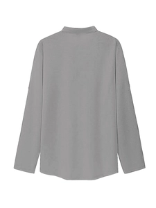 Back view of gray long sleeve knit polo shirt with rolled-up sleeves and button tabs