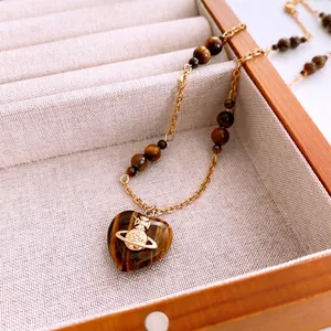 Retro Heart Tigers Eye Pendant Necklace Gold Alloy Beaded Chain Ethnic Style Vintage Jewelry For Women