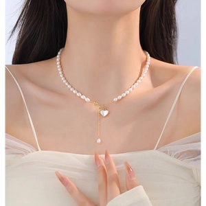 Elegant Natural Freshwater Pearl Necklace With Heart Mother Of Freshwater Pearl Pendant Gold Plated Fashion Jewelry For Women